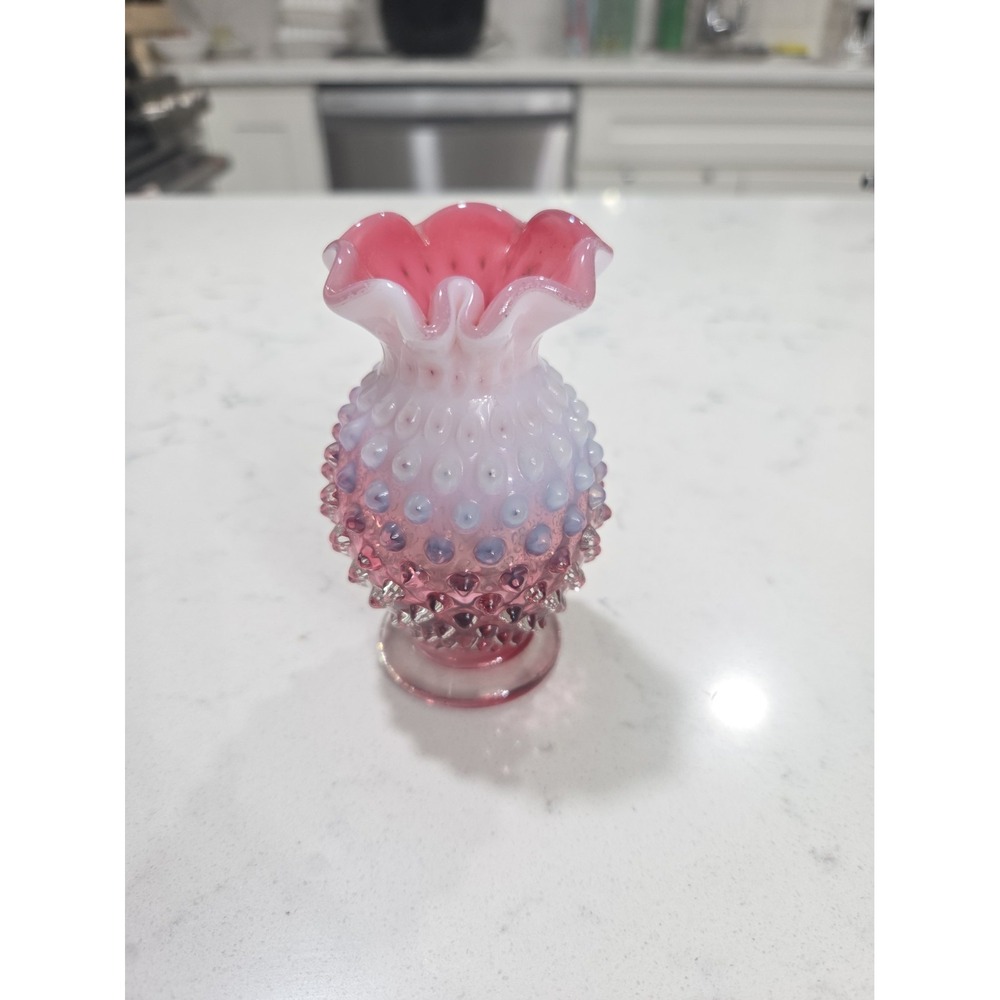Fenton Cranberry Opalescent Hobnail Ruffled Top Mini Bud 4"  Vase ~ Vintage